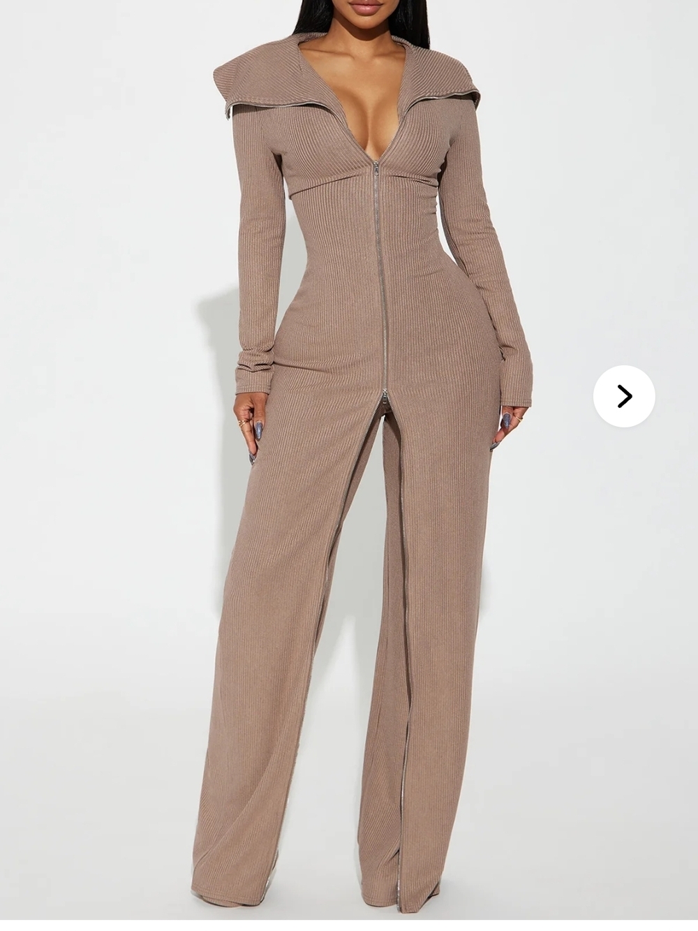 Fashion Nova Taupe Ribbed Zip-Front Wide-Leg Jumpsuit with Foldover Collar